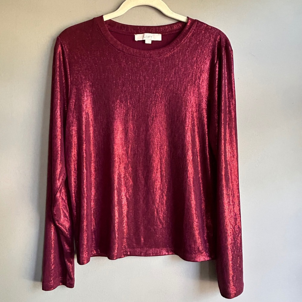 Loft Womens Burgundy Metallic Foil Long Sleeve Crew Neck Top Blouse Size L